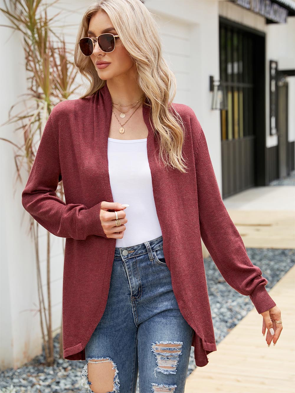 Solid Color Mid-Length Sweater Cardigan | NCS