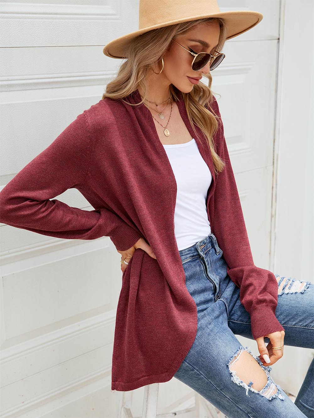 Solid Color Mid-Length Sweater Cardigan | NCS