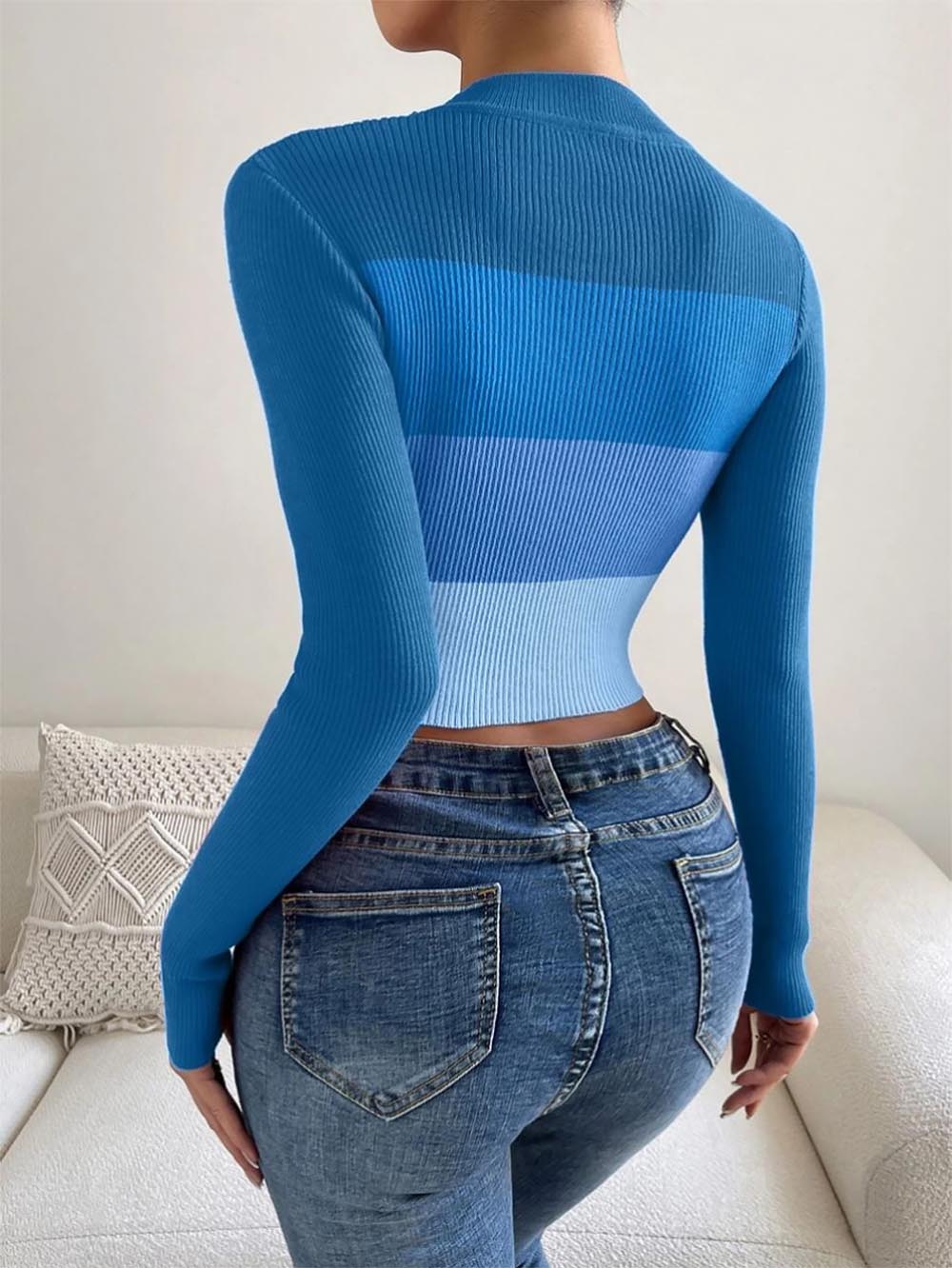 Spring/Fall Short Exposed Midriff Striped Slim Fit Knit Sweater | NCS