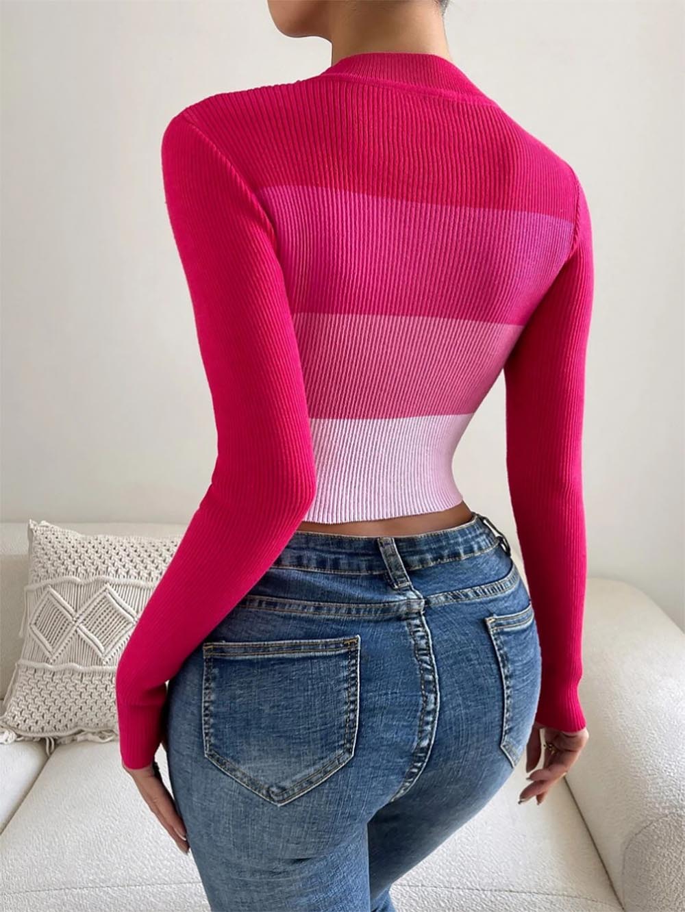 Spring/Fall Short Exposed Midriff Striped Slim Fit Knit Sweater | NCS