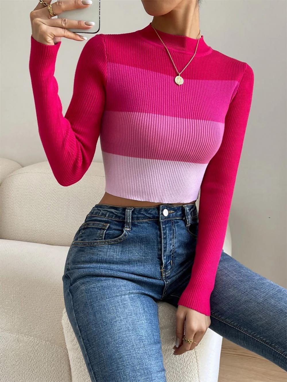 Spring/Fall Short Exposed Midriff Striped Slim Fit Knit Sweater | NCS