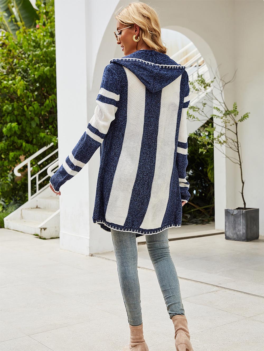 Striped Colorblock Hooded Knitted Cardigan | NCS