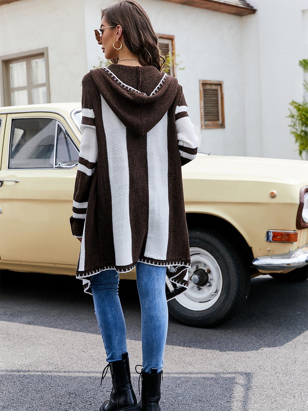Striped Colorblock Hooded Knitted Cardigan | NCS