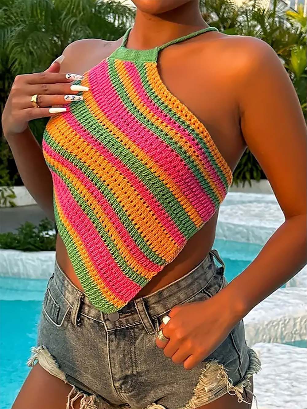 Striped Lace Up Backless Asymmetrical Hem Knit Top | NCS