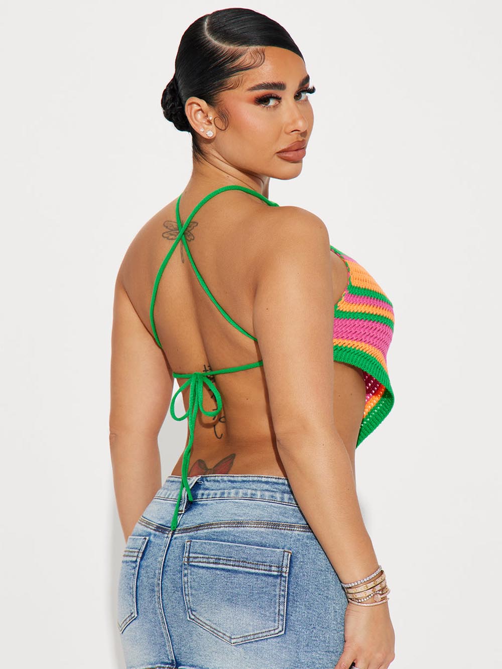 Striped Lace Up Backless Asymmetrical Hem Knit Top | NCS