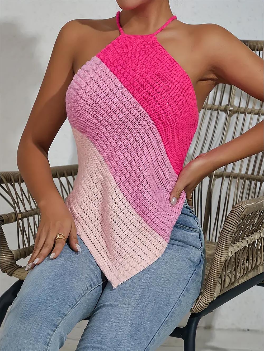 Striped Lace Up Backless Asymmetrical Hem Knit Top | NCS