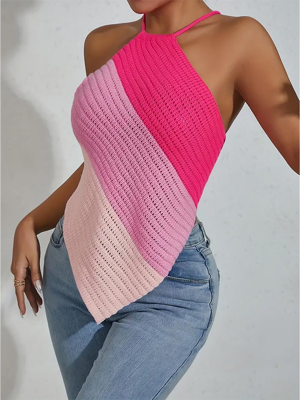 Striped Lace Up Backless Asymmetrical Hem Knit Top | NCS