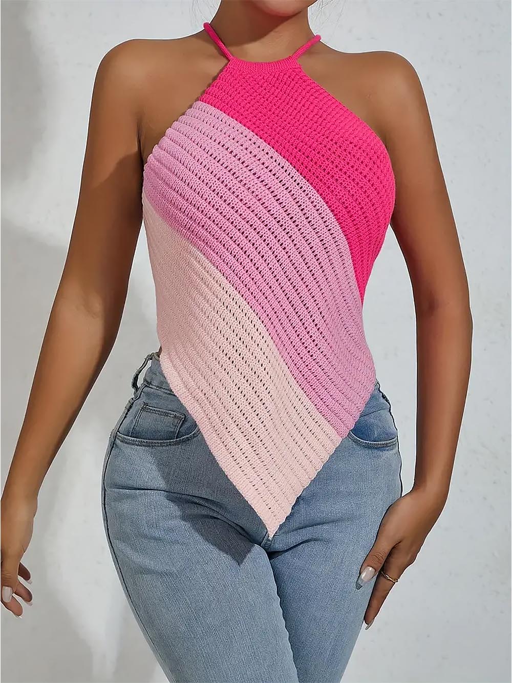 Striped Lace Up Backless Asymmetrical Hem Knit Top | NCS