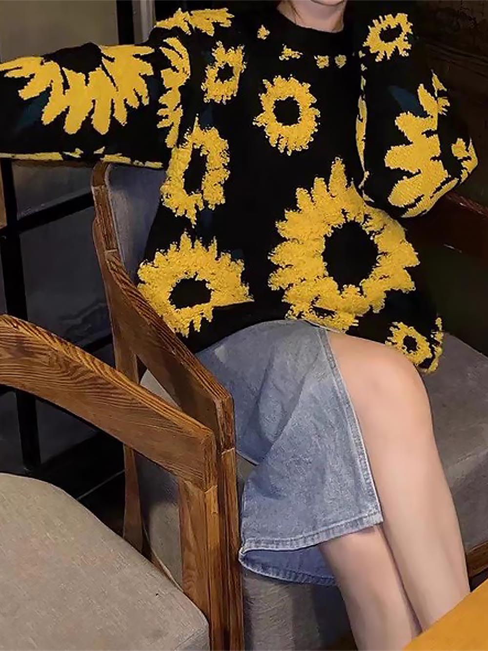 Sunflower Pattern Embroidery Knit Sweater | NCS