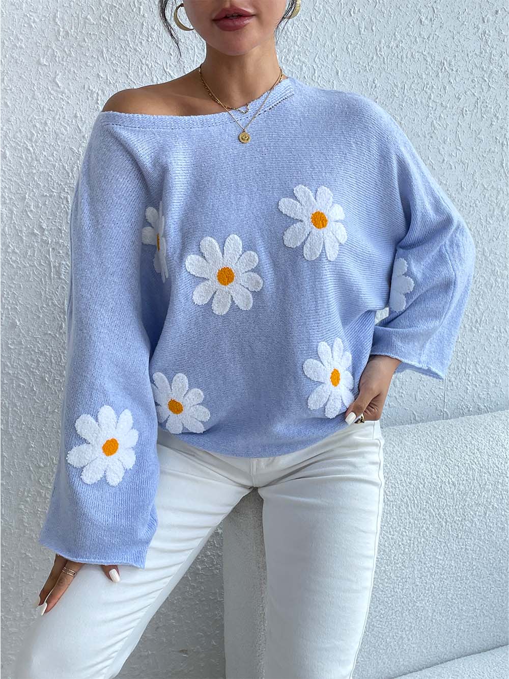 Sweet Floral Bell Sleeve Loose Knit Top | NCS