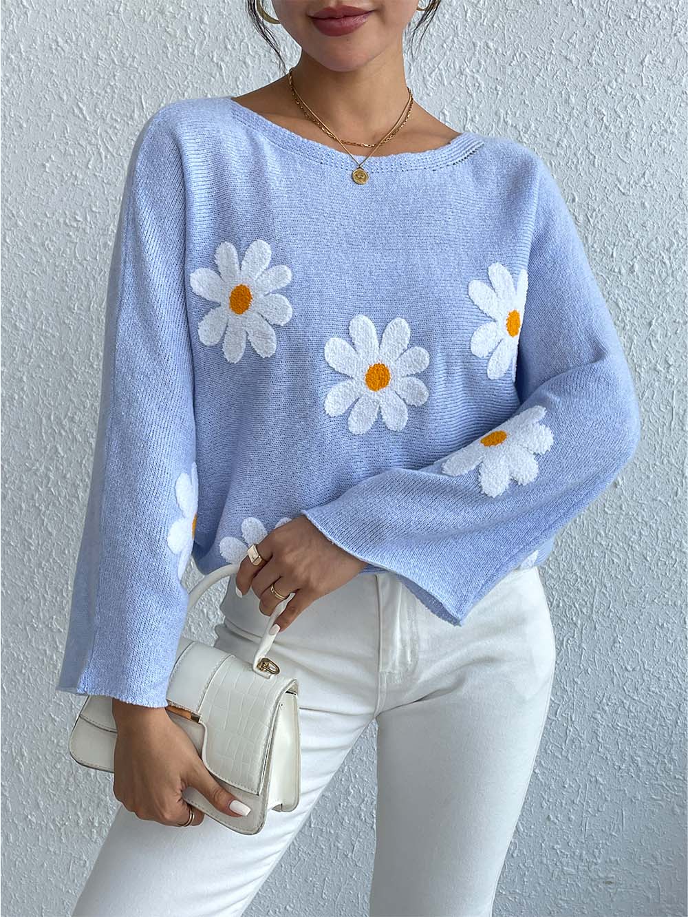 Sweet Floral Bell Sleeve Loose Knit Top | NCS