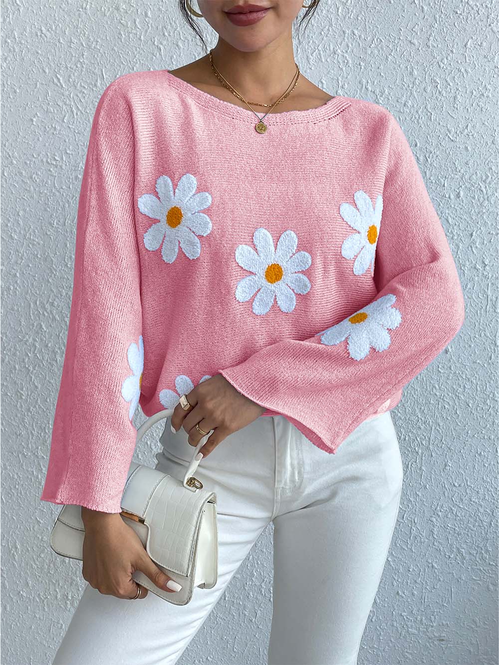 Sweet Floral Bell Sleeve Loose Knit Top | NCS