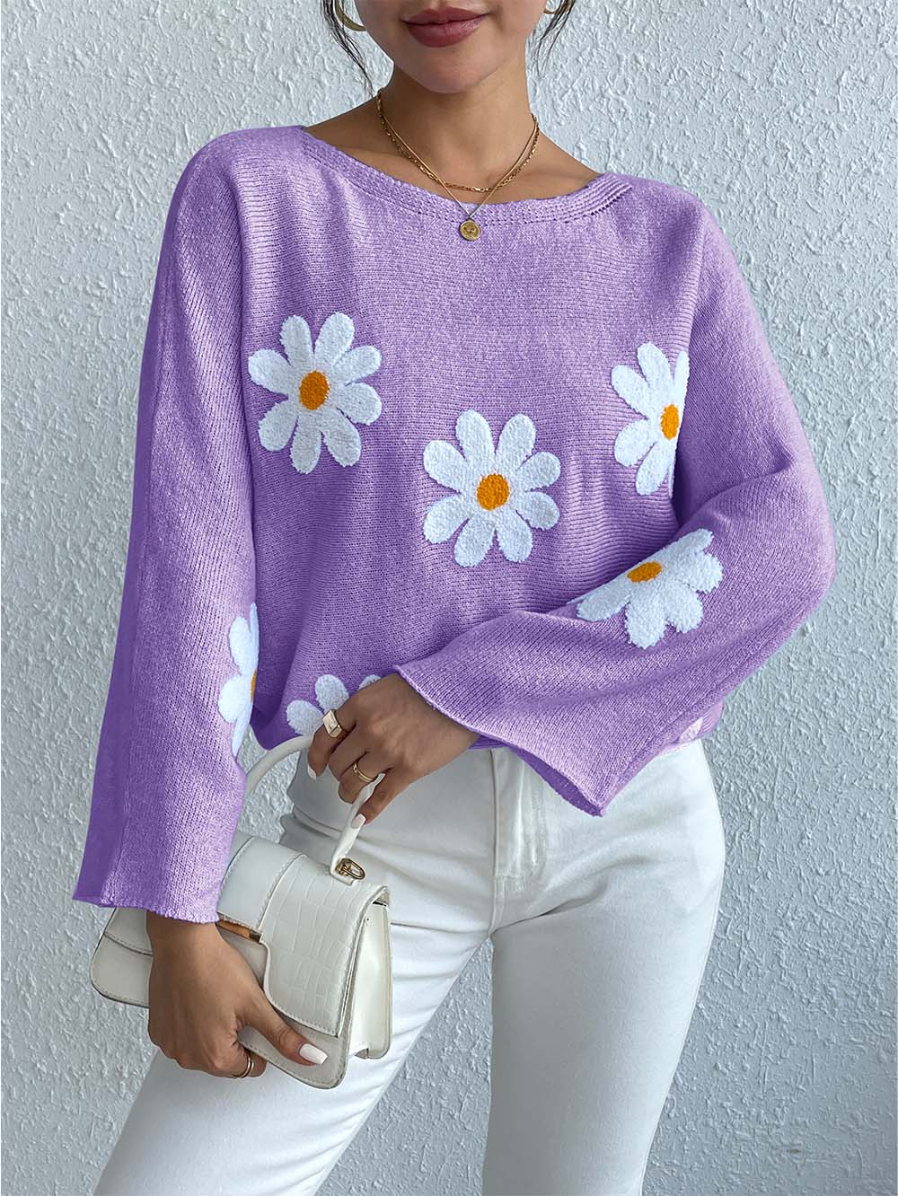 Sweet Floral Bell Sleeve Loose Knit Top | NCS