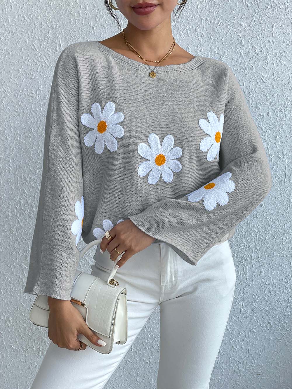 Sweet Floral Bell Sleeve Loose Knit Top | NCS