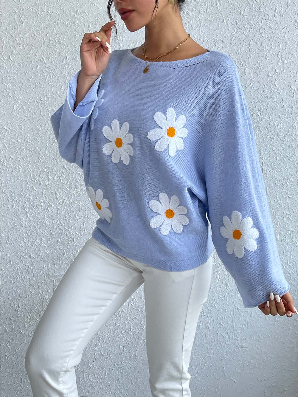 Sweet Floral Bell Sleeve Loose Knit Top | NCS