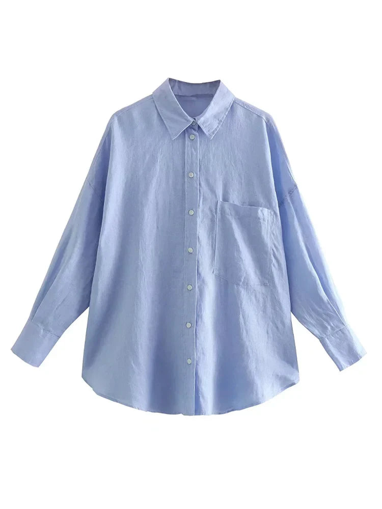Women's Oversized Linen Shirt - Vintage Long Sleeve Pocket Blouse
