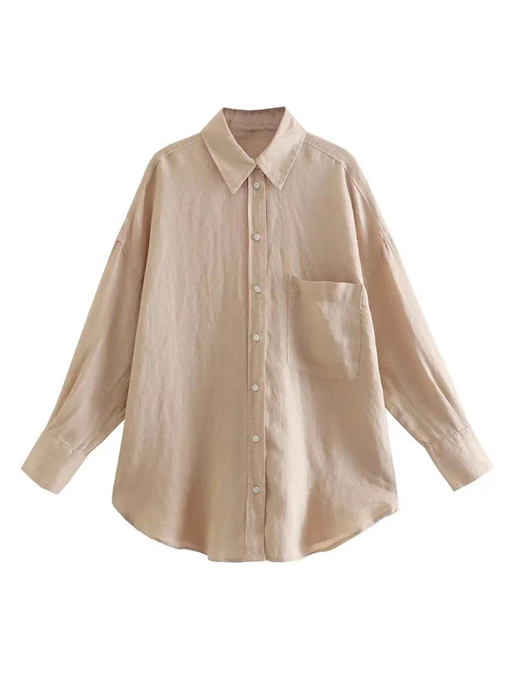 Women's Oversized Linen Shirt - Vintage Long Sleeve Pocket Blouse