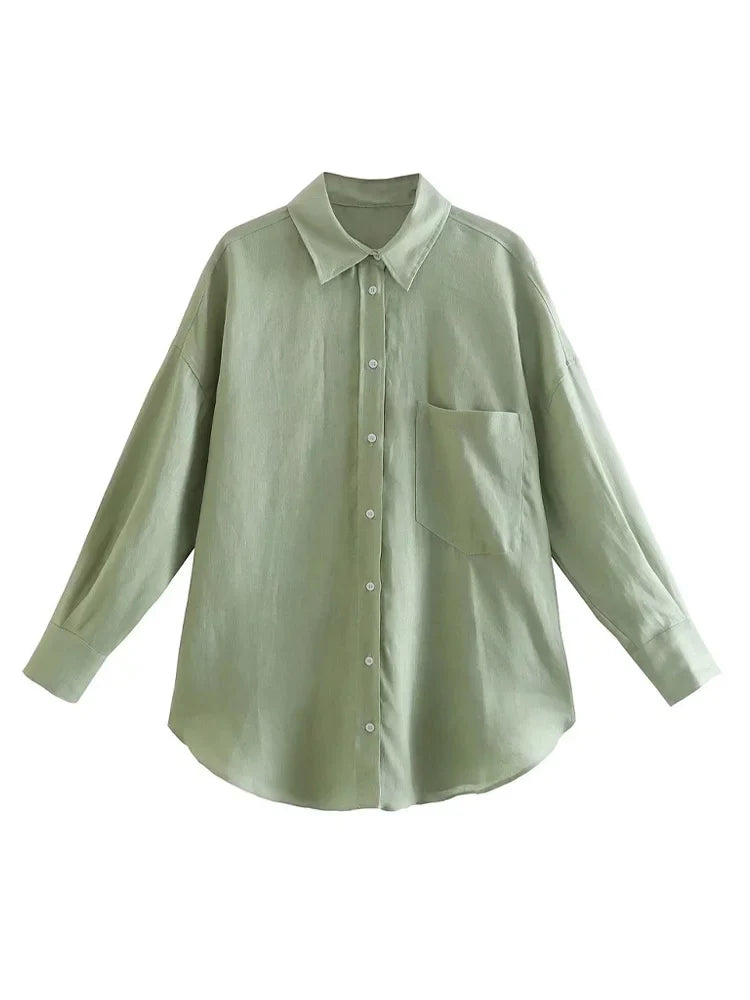 Women's Oversized Linen Shirt - Vintage Long Sleeve Pocket Blouse