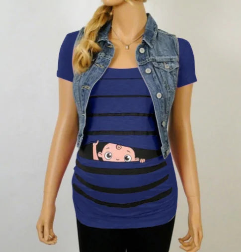 Sweet Cartoon Striped Maternity Summer T-shirt - # WOAA21510010-PRG