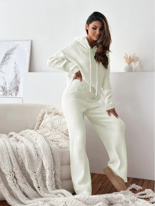 Solid Color Hooded Knitted Lounge Set for Women – Autumn Winter Two-Piece Outfit - # GIAA23910007