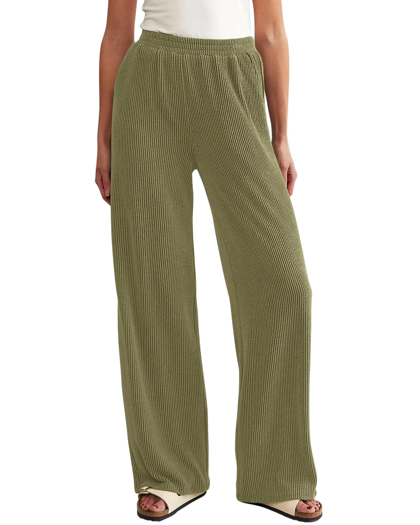 WICIWI Womens Casual Wide Leg Pants Fall Winter Elastic Waist Loose Rib Knit Lounge Palazzo Trousers with Pockets(Army GreenX-Large) - # GIAA23410023
