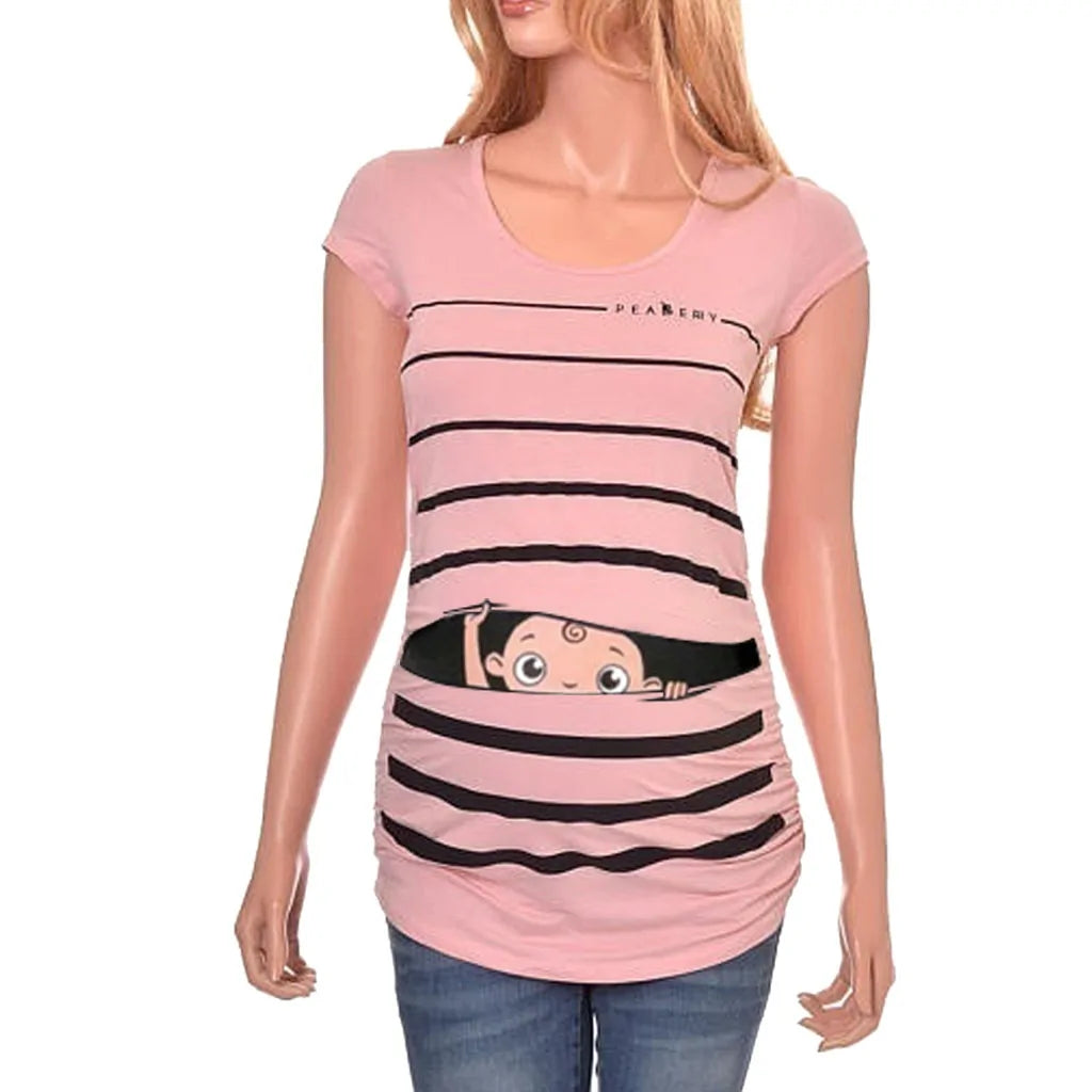 Sweet Cartoon Striped Maternity Summer T-shirt - # WOAA21510010-PRG