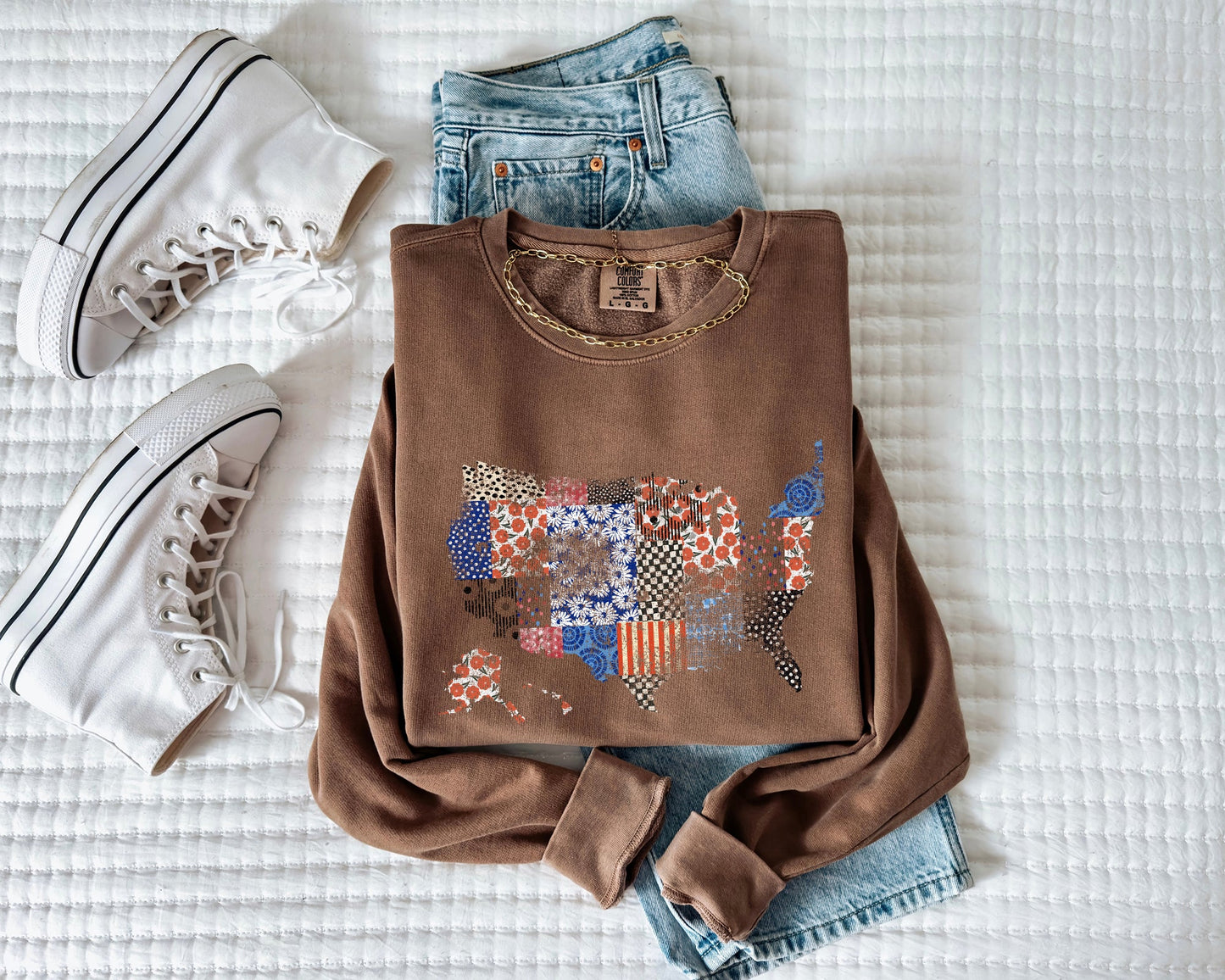 United States Flag Great America Garment Dyed Comfort Colors Sweatshirt (Flower)