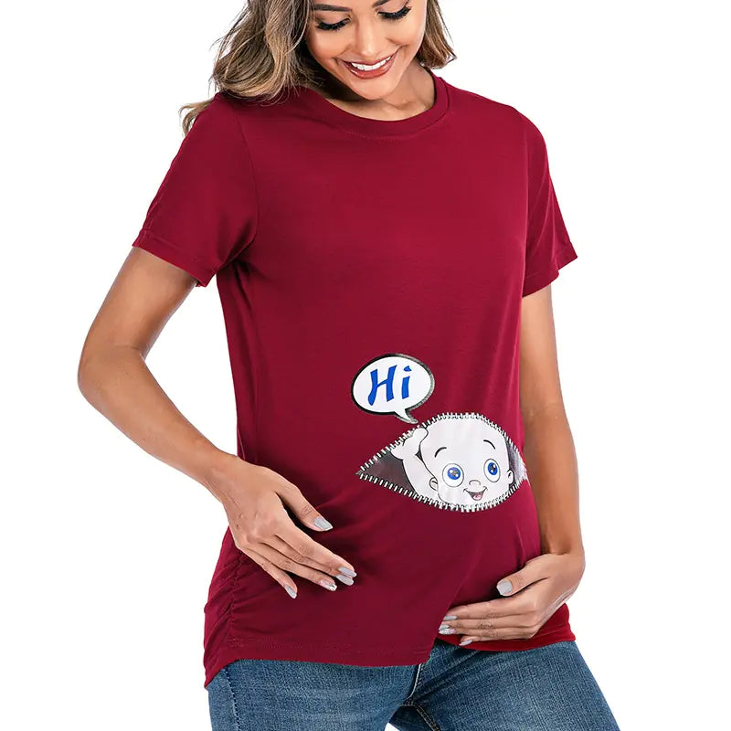 European American Maternity Round Neck Printed T-shirt - # BAGE211510113-PRG