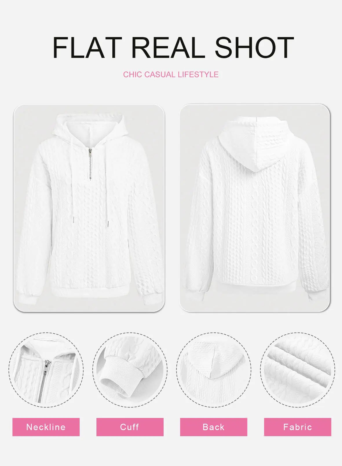 SHEWIN Women's Quarter Zip Hoodies Oversized Sweatshirt Long Sleeve Lightweight Pullover Tops Large White - # WOAA21510022-PRG