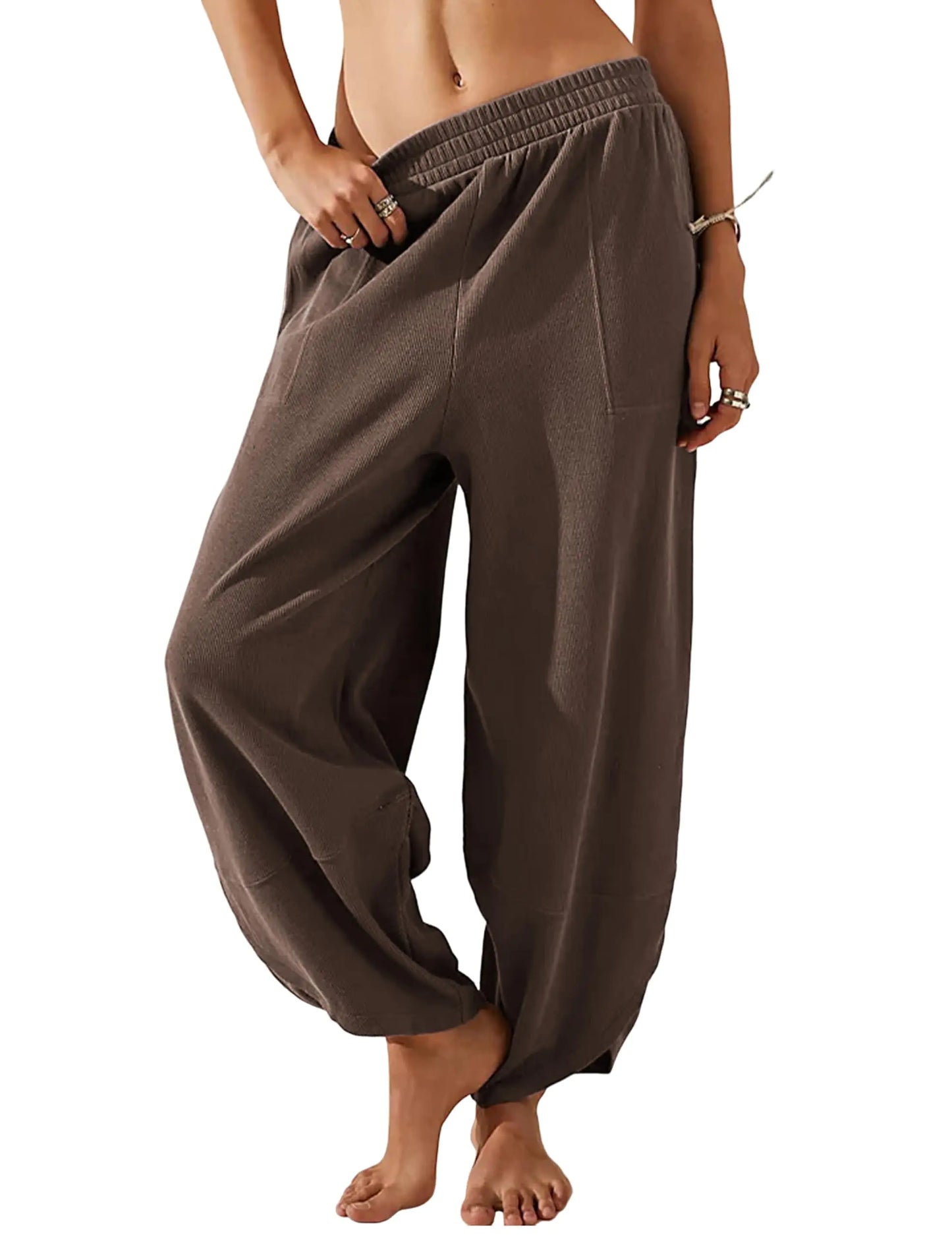Faleave Womens Baggy Wide Leg Pants Elastic Waisted Casual Comfy Palazzo Harem Pants with Pockets(Coffee-S) - # GIAA23410014