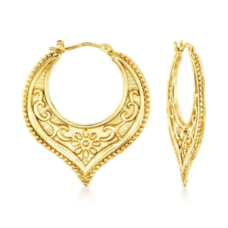 Vintage Metal Hand Engraved Butterfly Pattern Hoop Earrings Classic Women's Gold Plated Hook Drop Earrings