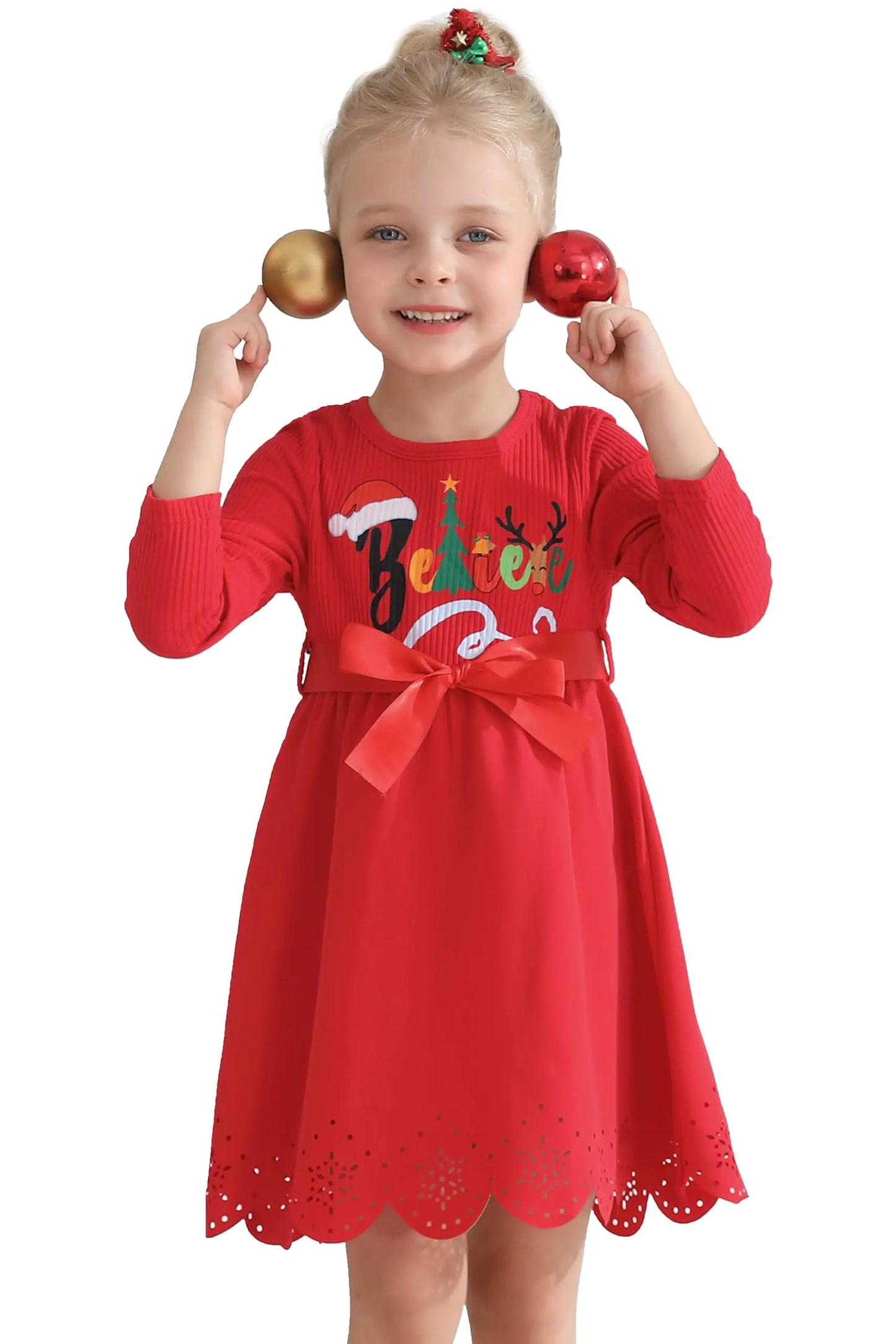 CVXV Girls Dress Sweater Dresses Ruffle Ribbed Knit Long Sleeve Swing-Fall-Winter Dress-Christmas-Holiday Outifs-Red Christmas Elk-3-4 Years - # GIAA211710011