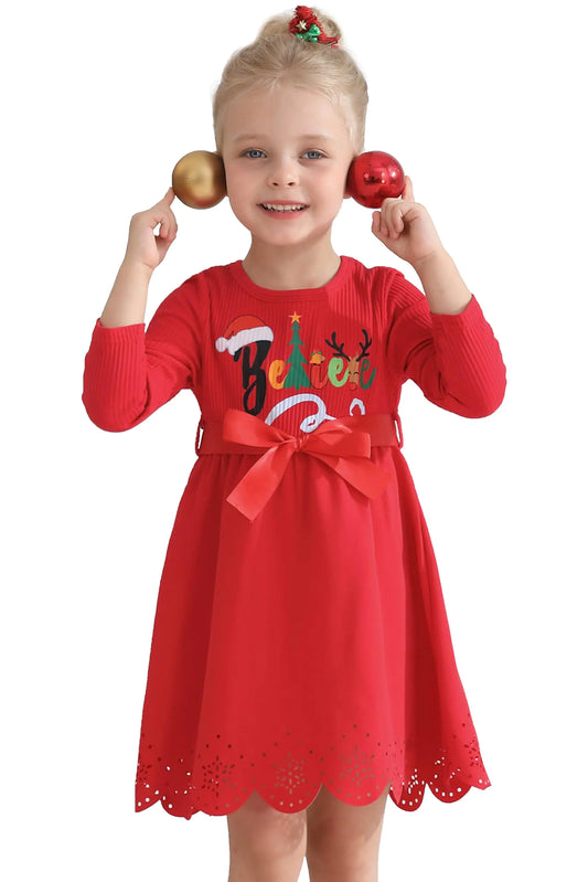 CVXV Girls Dress Sweater Dresses Ruffle Ribbed Knit Long Sleeve Swing-Fall-Winter Dress-Christmas-Holiday Outifs-Red Christmas Elk-3-4 Years - # GIAA211710011