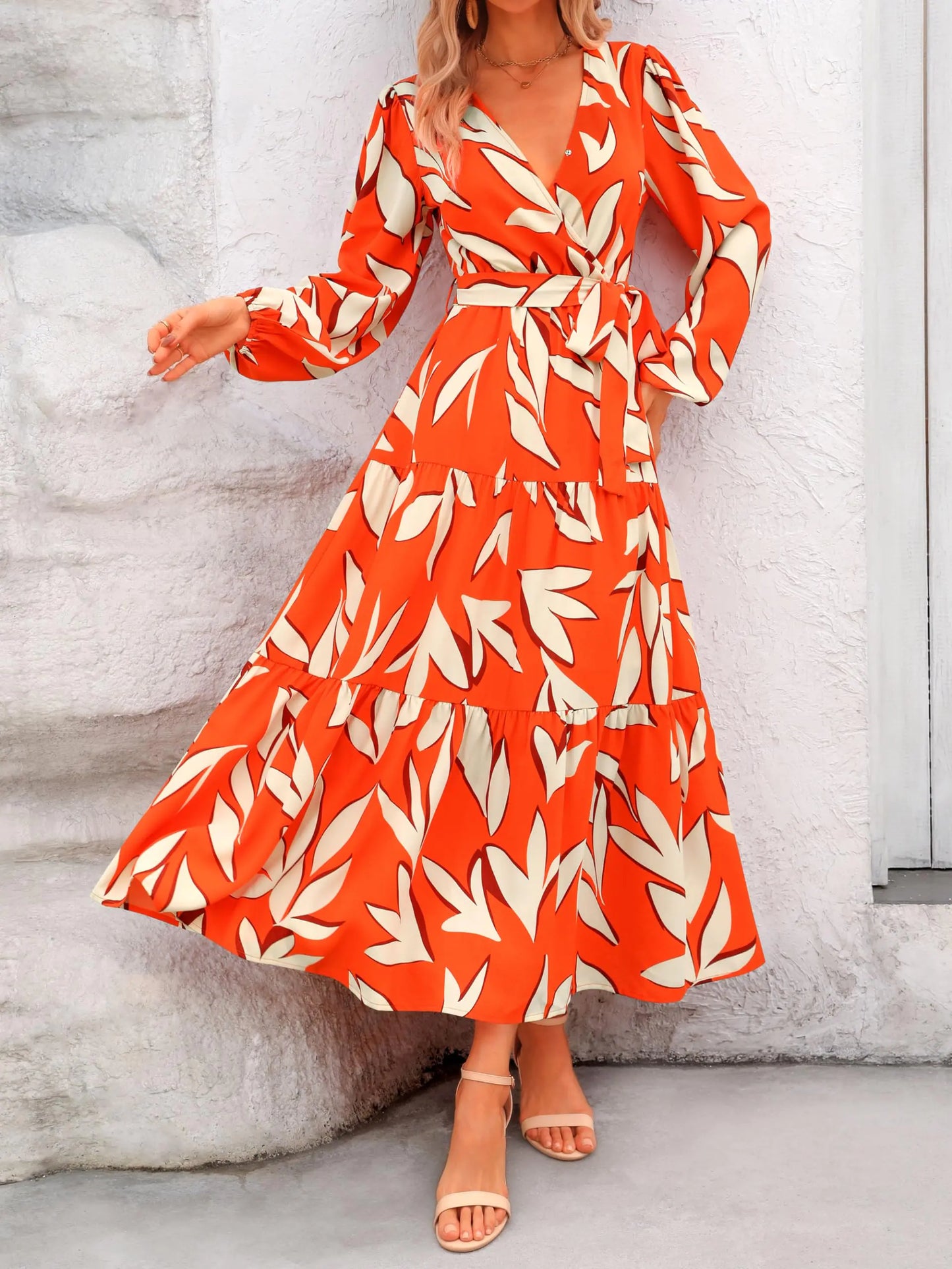 PRETTYGARDEN Womens Fall Long Sleeve Wrap V Neck Ruffle Floral Maxi Dress Casual Tie Waist Boho Chiffon Flowy Long Dresses XX-Large F-orange White - # GIAA231710002