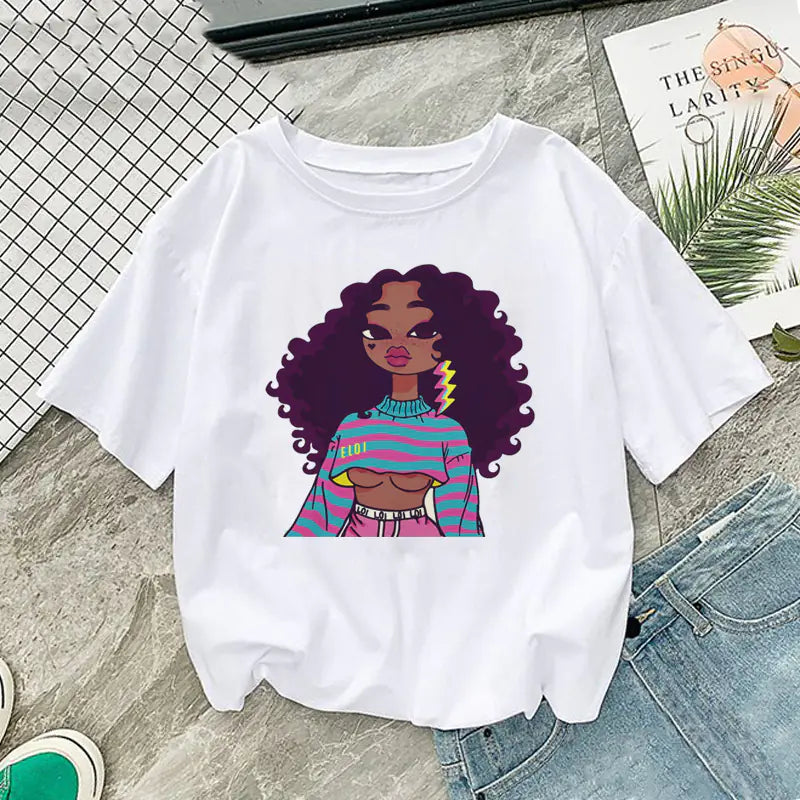 African Girl Print Short Sleeve T-Shirt for Girl and Women - # GIAA23510016