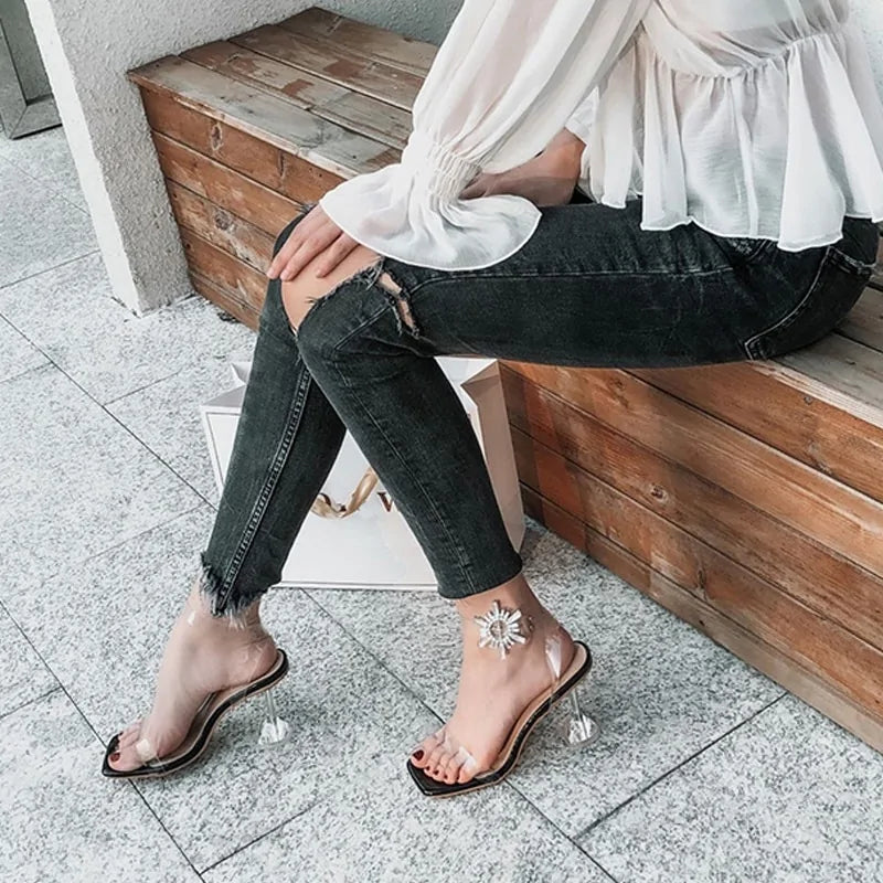 Transparent Open Toe High Heel with Rhinestone Crystal - # GIAA73210008