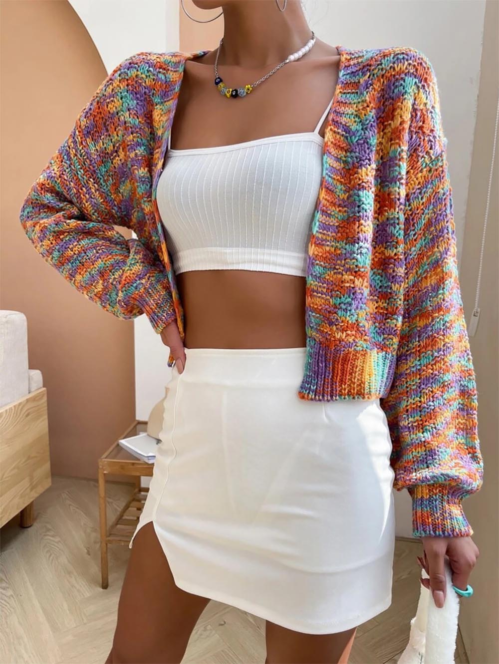 Women Y2K Knit Cropped Cardigan Vintage Rainbow Sweaters| NCS