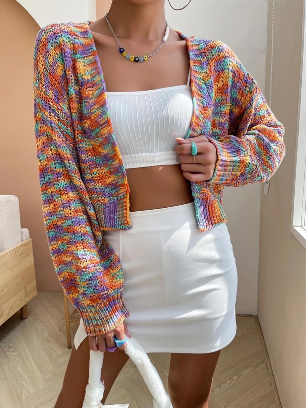 Women Y2K Knit Cropped Cardigan Vintage Rainbow Sweaters| NCS