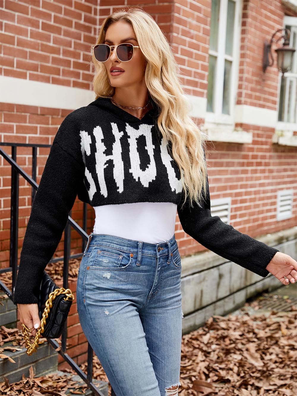 Women’s Halloween Letter Jacquard Cropped Hoodie Sweater | NCS