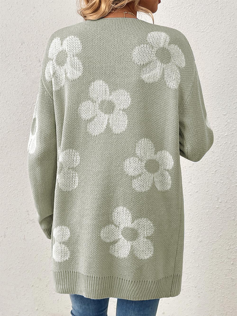 Women's Mid-Length Floral V-Neck Long Sleeve Knit Cardigan | NCS