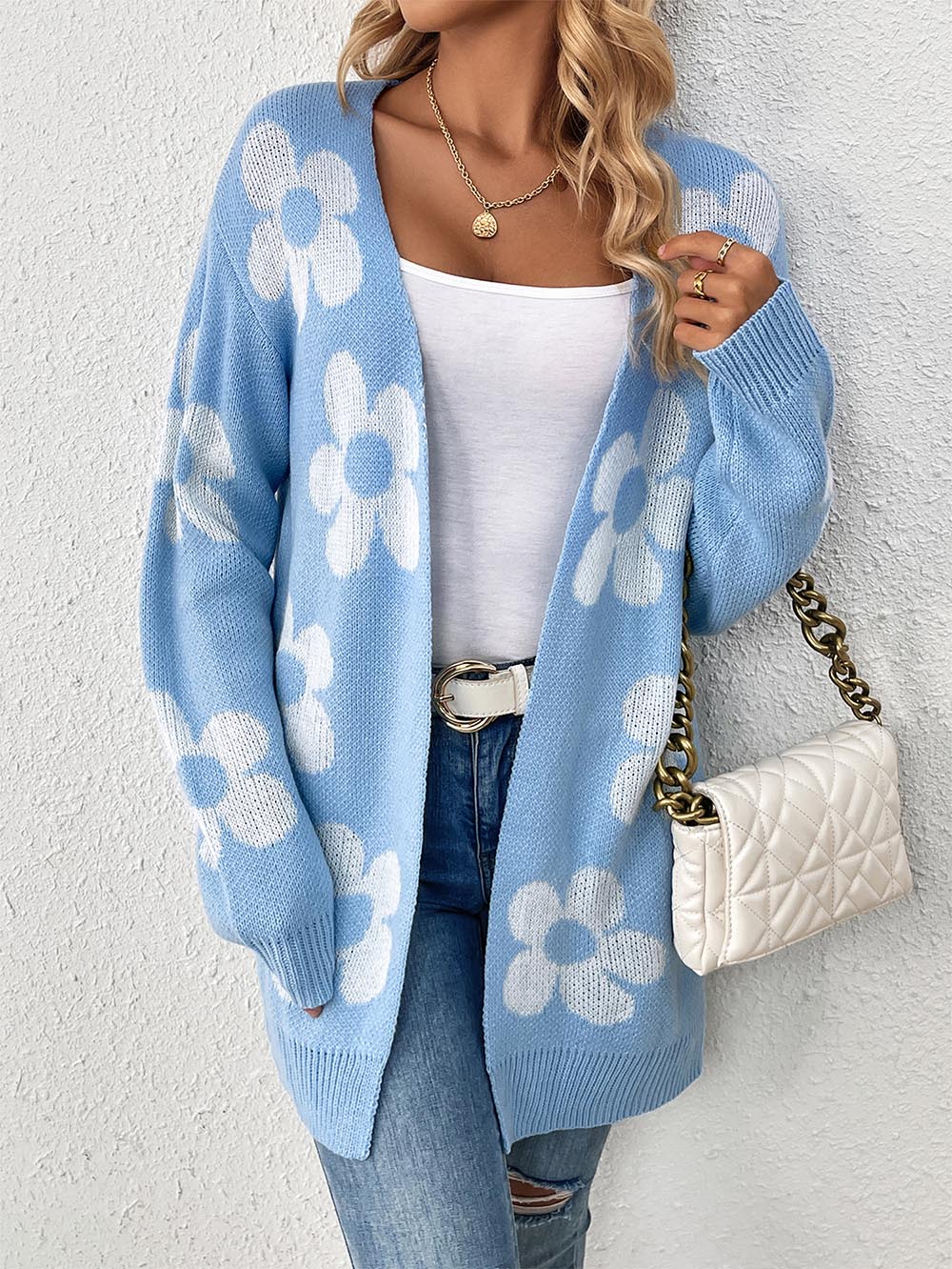 Women's Mid-Length Floral V-Neck Long Sleeve Knit Cardigan | NCS