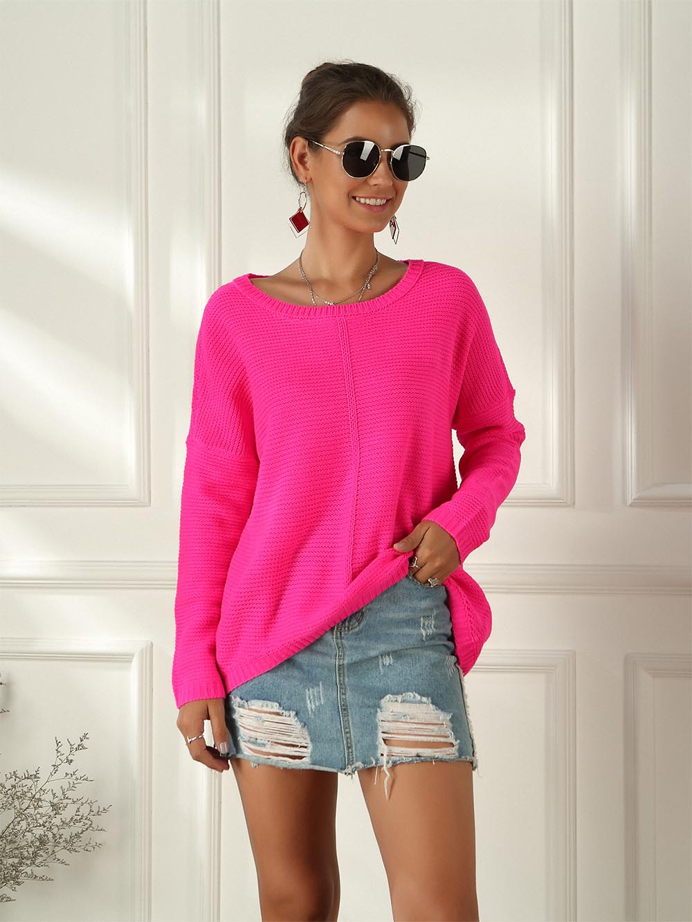 Women's Neon Color Female Slash Neck Fashion Knitted Shirts | NCS