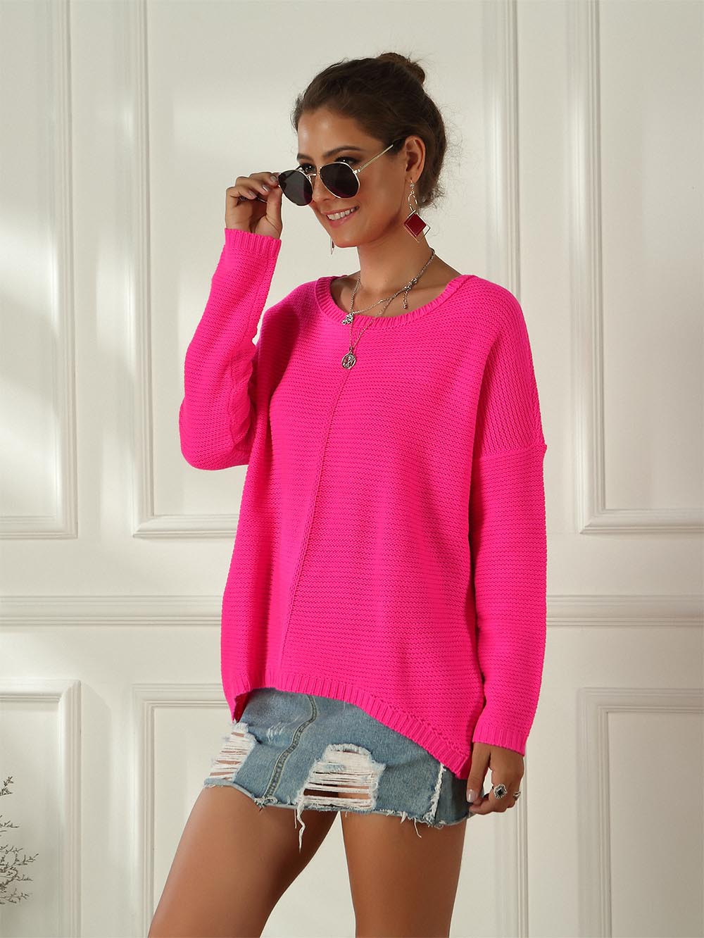 Women's Neon Color Female Slash Neck Fashion Knitted Shirts | NCS
