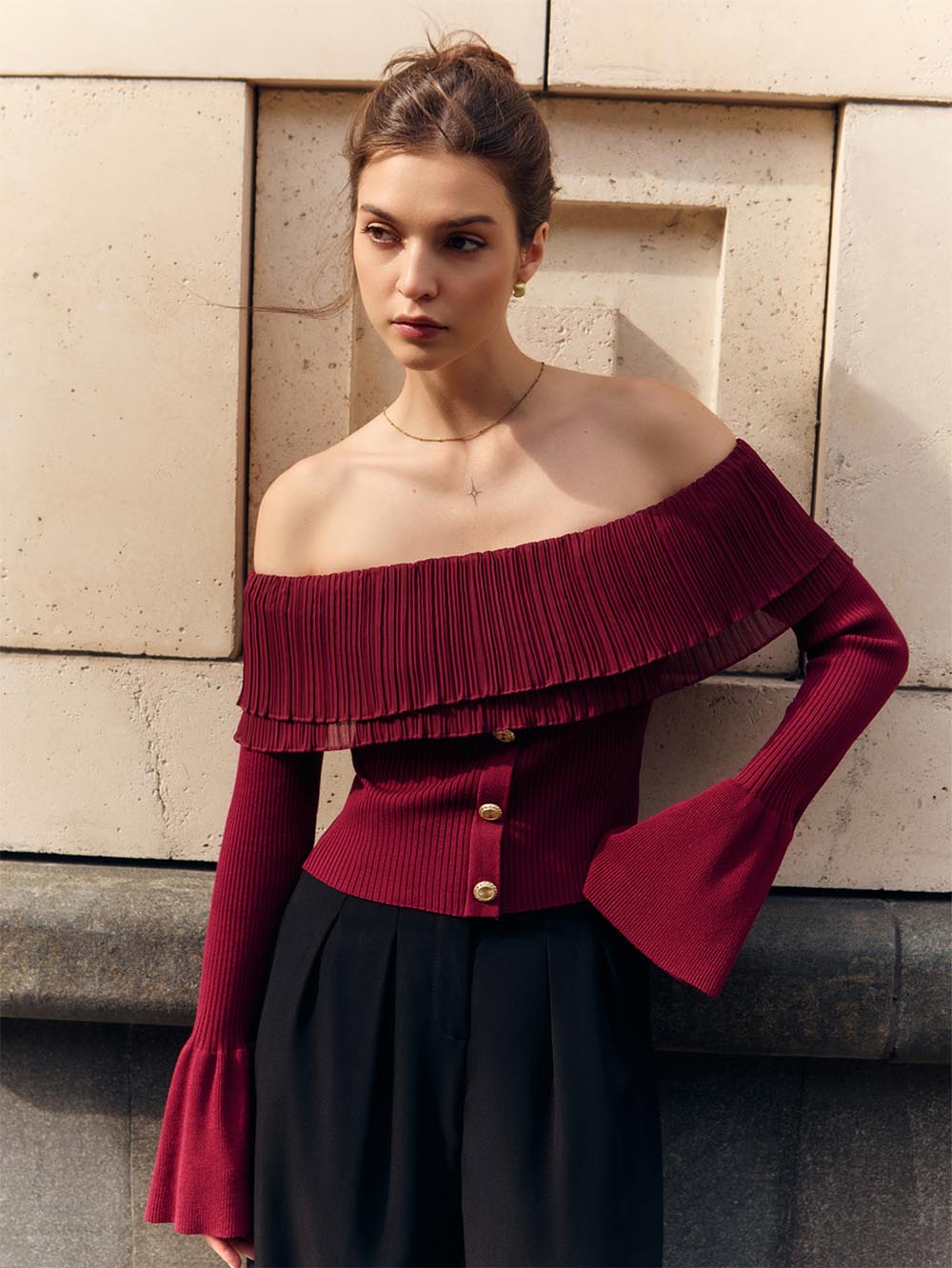 Women's Off-Shoulder Buttoned Slim Fit Knit Sweater | NCS