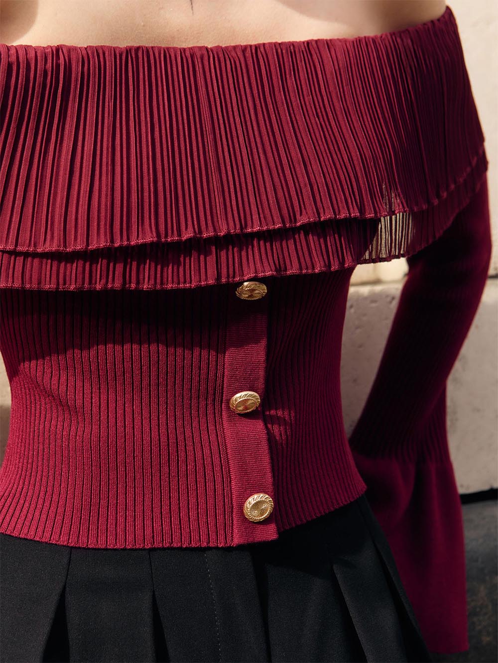 Women's Off-Shoulder Buttoned Slim Fit Knit Sweater | NCS