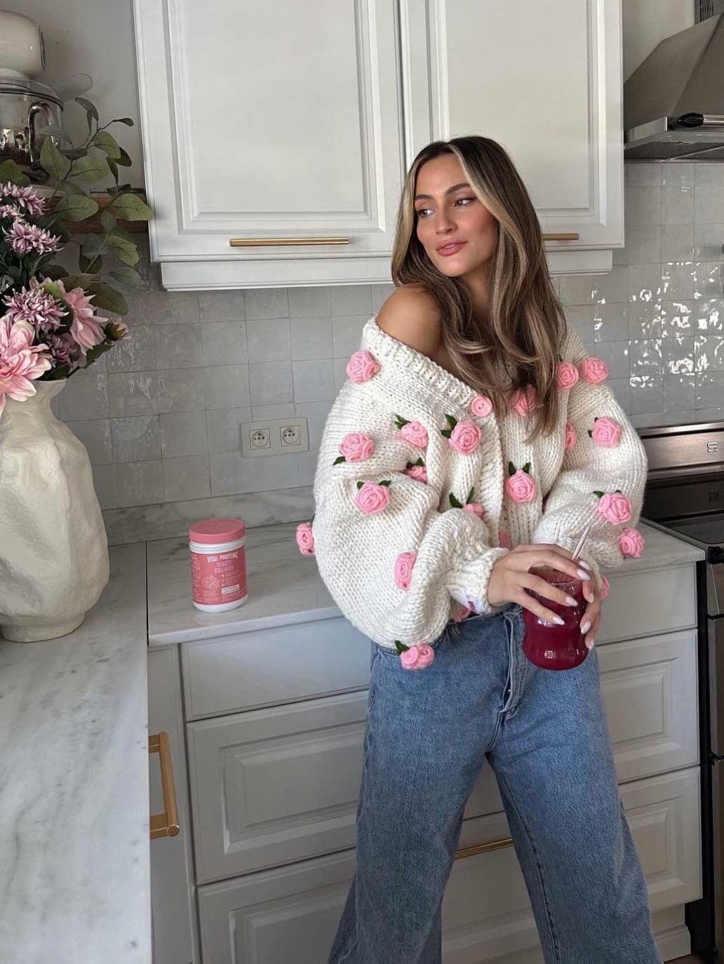 Women's Pink Roses Vintage Cardigan, Unique Gift | NCS
