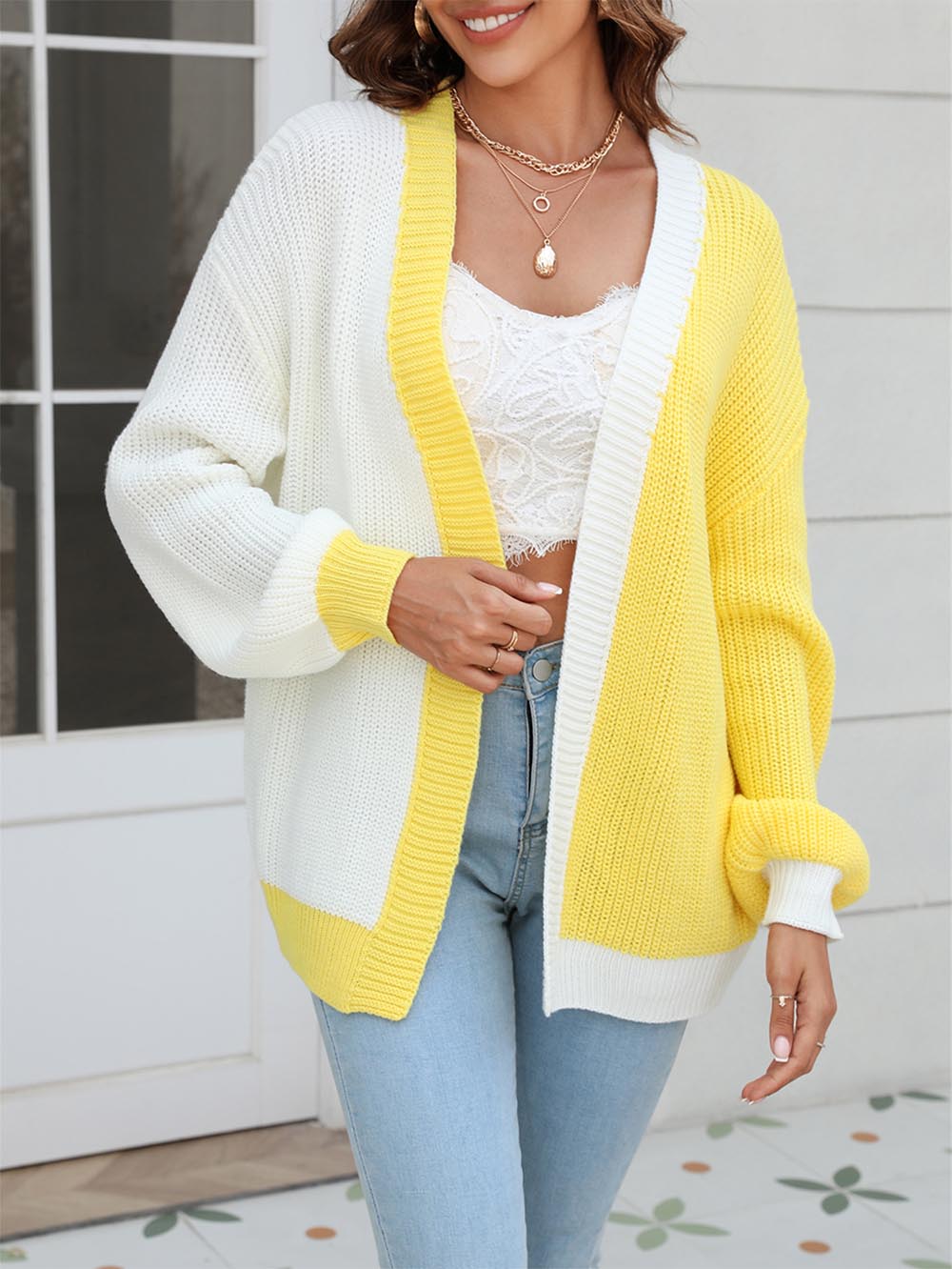 Women's Plus Size Colorblock Mid-Length Knitted Cardigan | NCS