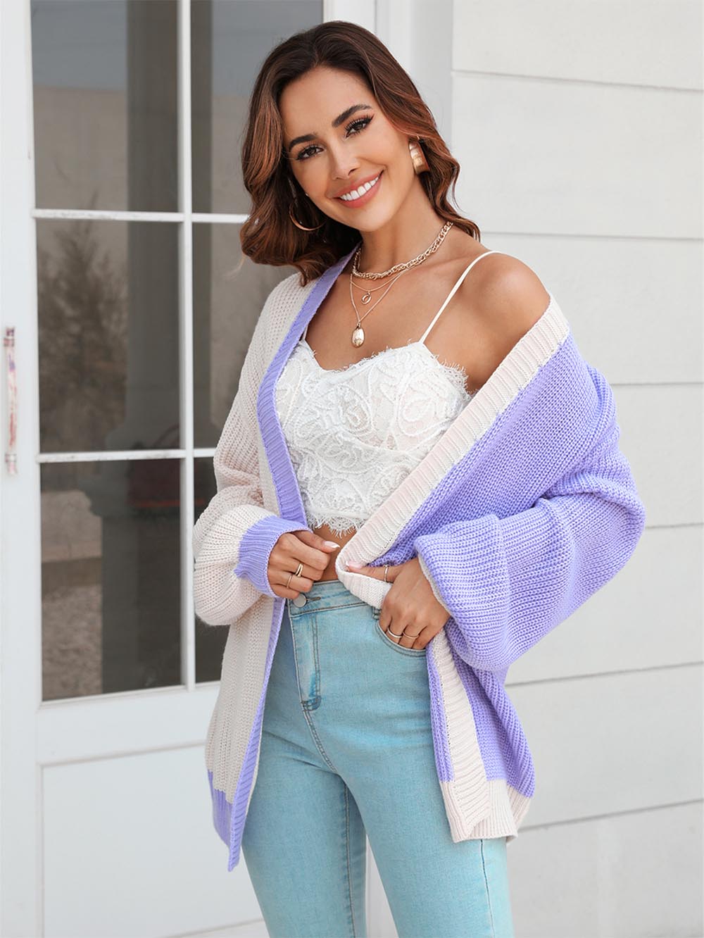 Women's Plus Size Colorblock Mid-Length Knitted Cardigan | NCS