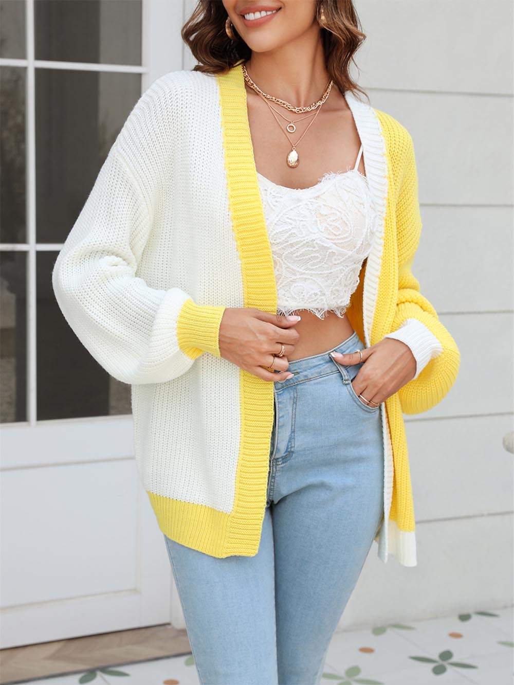 Women's Plus Size Colorblock Mid-Length Knitted Cardigan | NCS