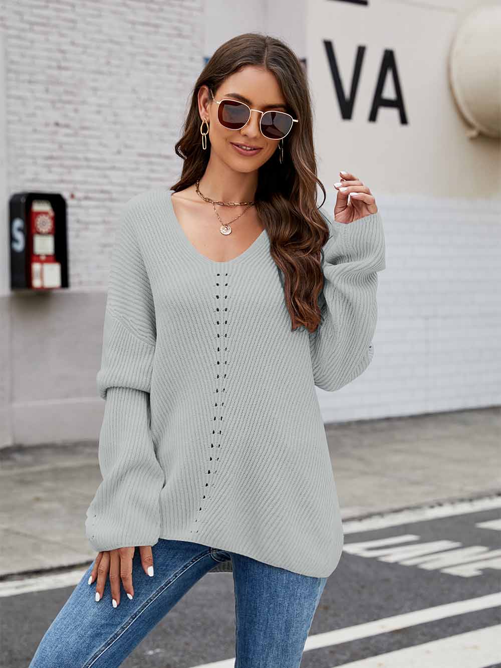 Women's  Relaxed Fit V-Neck Long Sleeve Knit Sweater | NCS